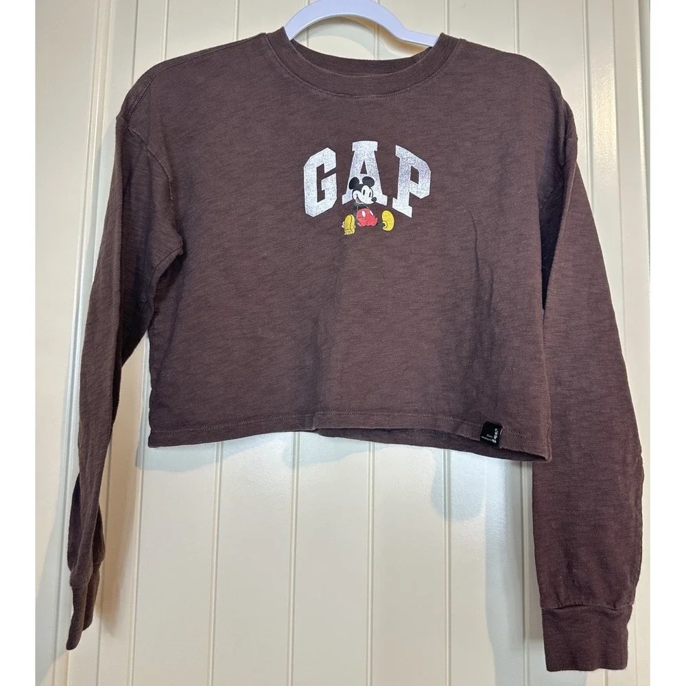Gap x Disney brown organic cotton Mickey‎ Mouse crop long sleeve t-shirt Sz 12